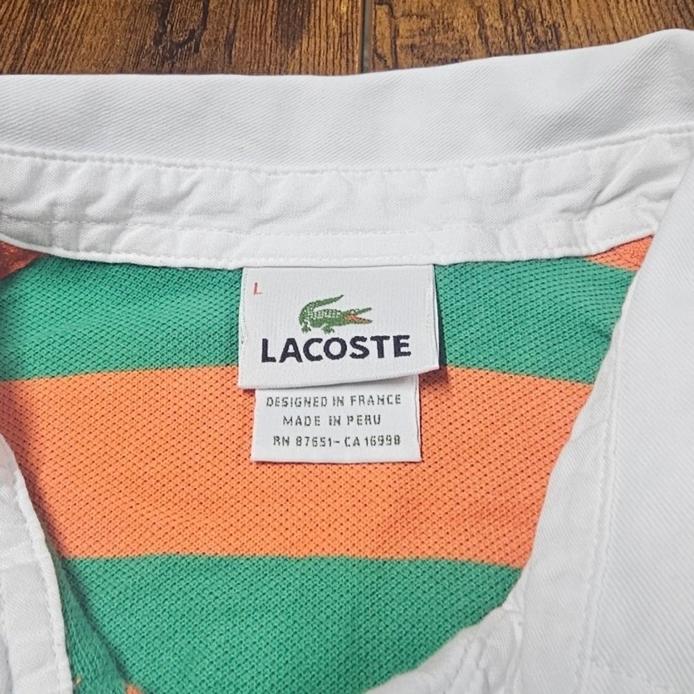 Lacoste Mens Striped Long Sleeve Rugby Polo Shirt Orange Green Size L - Picture 3 of 9